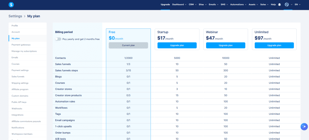 systeme.io pricing plans 2026 including free plan
